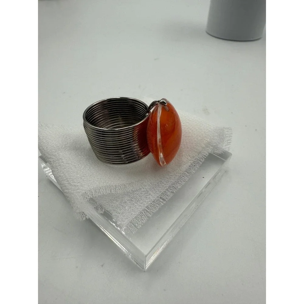 Orange Glass Cabochon Statement Ring Silver Tone‎ Coiled Wire Band Size 9.5